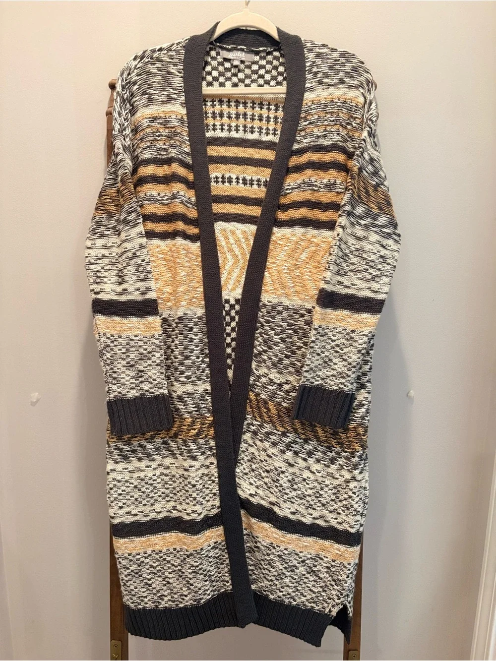 Marled Striped Open-Front Cardigan in Mustard, Gray & Cream - Picture 1 of 7